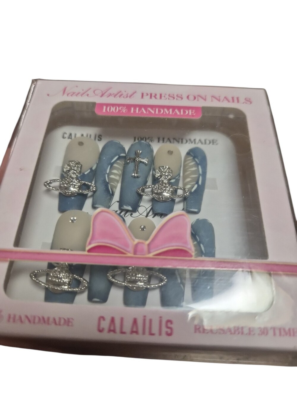 Calailis Handmade Press On Nails Blue Cross Saturn Rhinestone 10 Pc Set Y2k